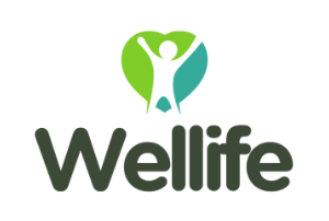 Wellife logo with a green heart and figure on a white background